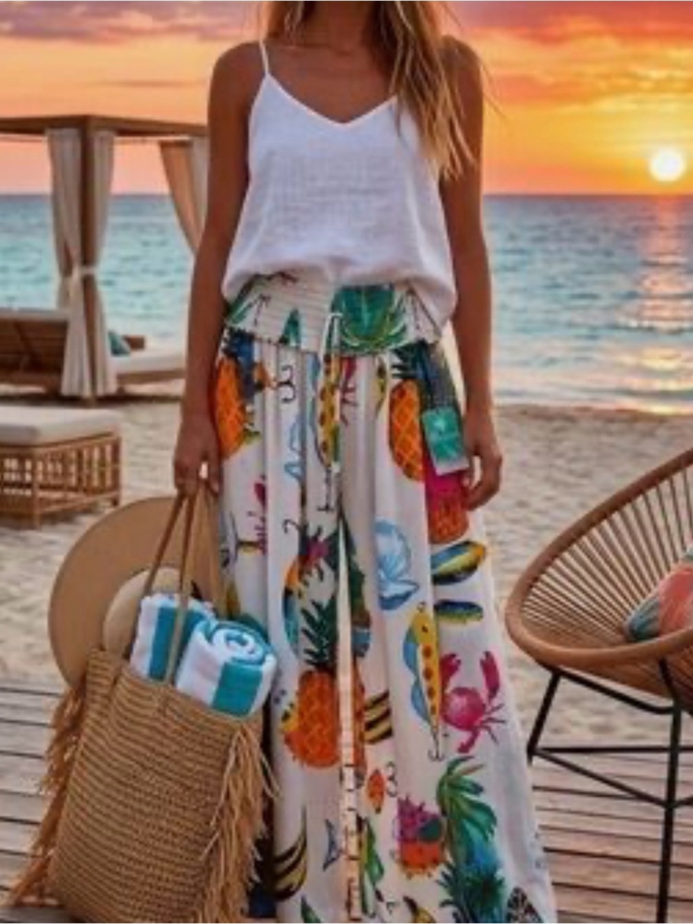 True Destinations. White Tropical-Print flowy Wide Leg Pants